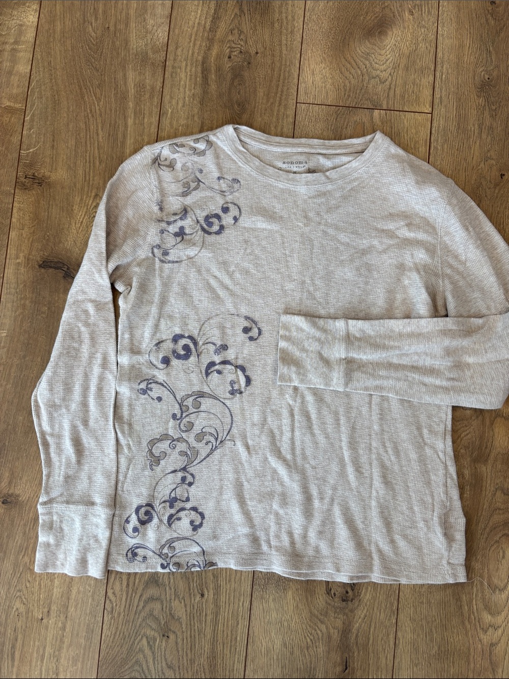 Sonoma Light Gray Long Sleeve Top with Navy Scroll Design